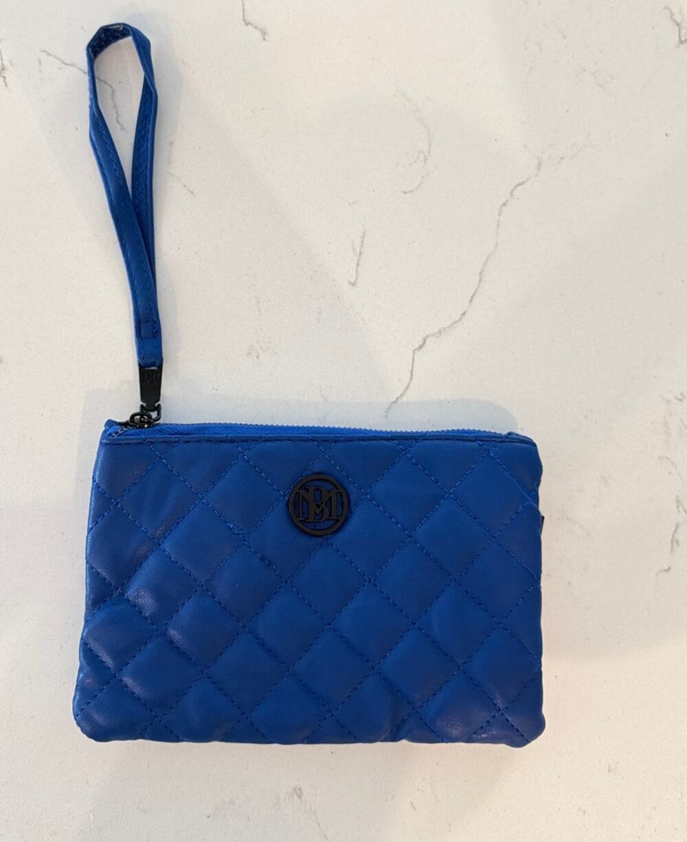 Badgley Mischka Vegan Leather Blue Diamond Quilted Wristlet Pouch Clutch Bag